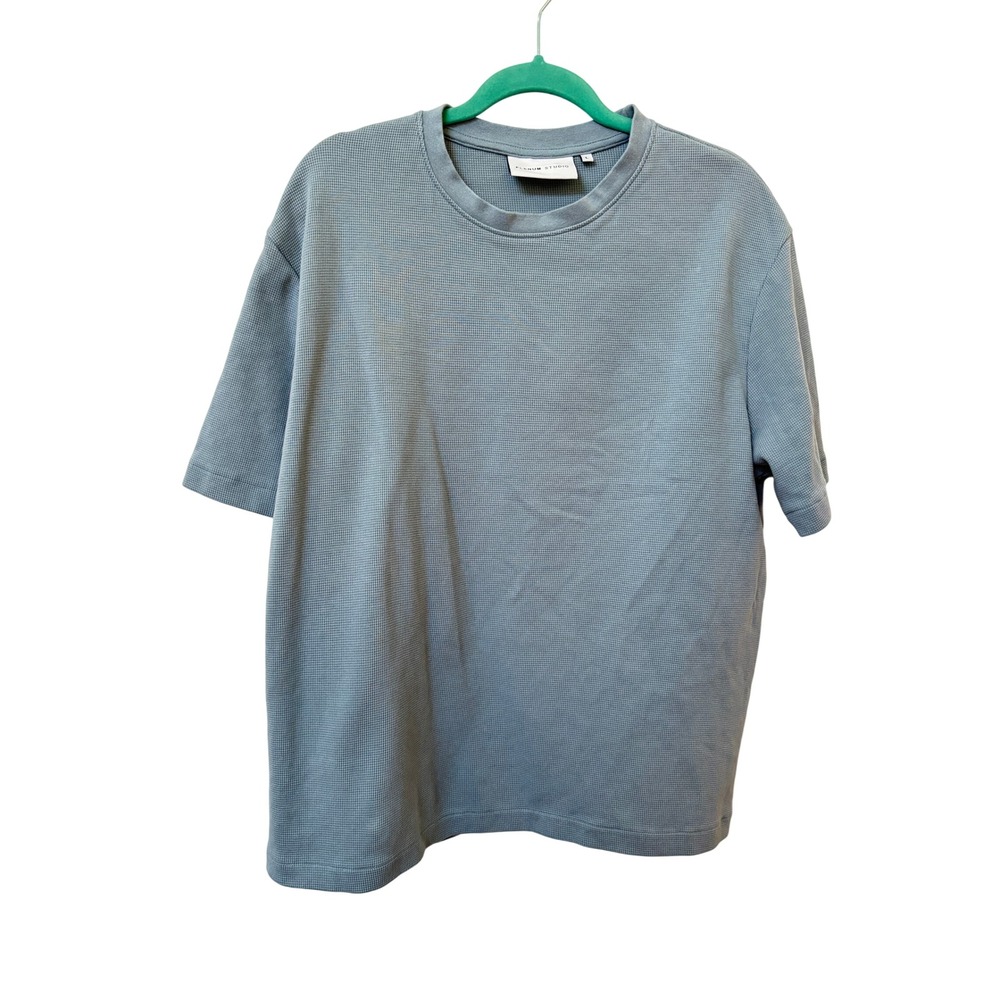 Plenum Studio Mens L Waffle Knit Cotton Short Sleeve Tee Blue Grey Minimalist